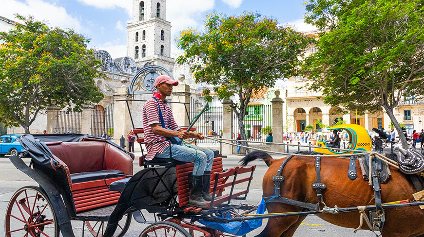 A man drives a horse-drawn carriage through the Plaza de San Francisco de Asís in Havana, Cuba.