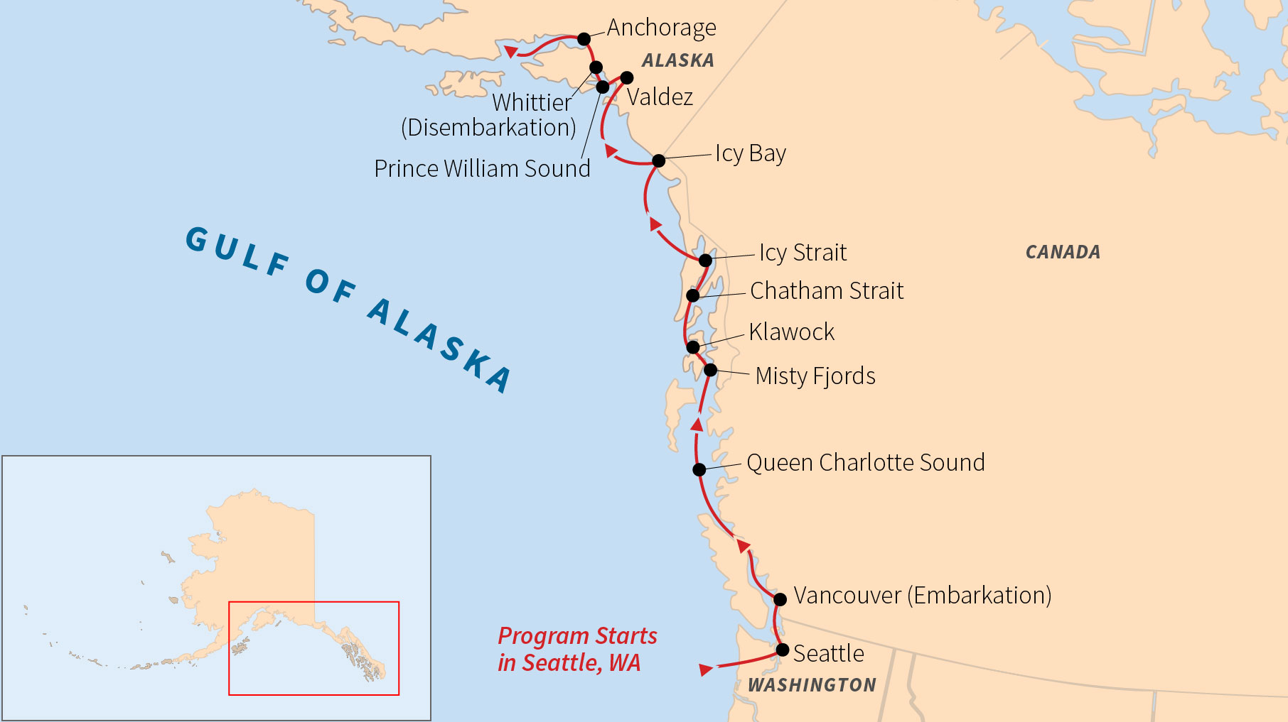 Map showing the Expedition Alaska sailing route from Seattle and Vancouver through the Inside Passage to Anchorage and Whittier.