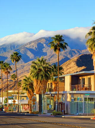 Palm trees line a sunny street in the city of Palm Springs, California, with majestic mountains and clouds in the background.