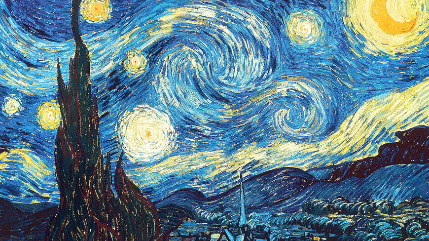 Vincent van Gogh's Starry Night painting features a swirling blue night sky with glowing yellow stars and a crescent moon above a dark cypress tree.