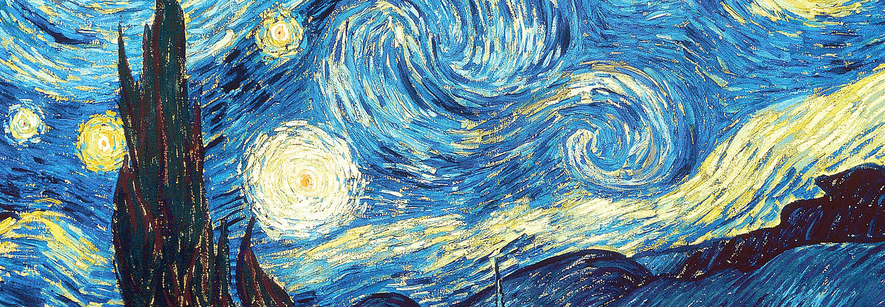 Vincent van Gogh's Starry Night painting features a swirling blue night sky with glowing yellow stars and a crescent moon above a dark cypress tree.