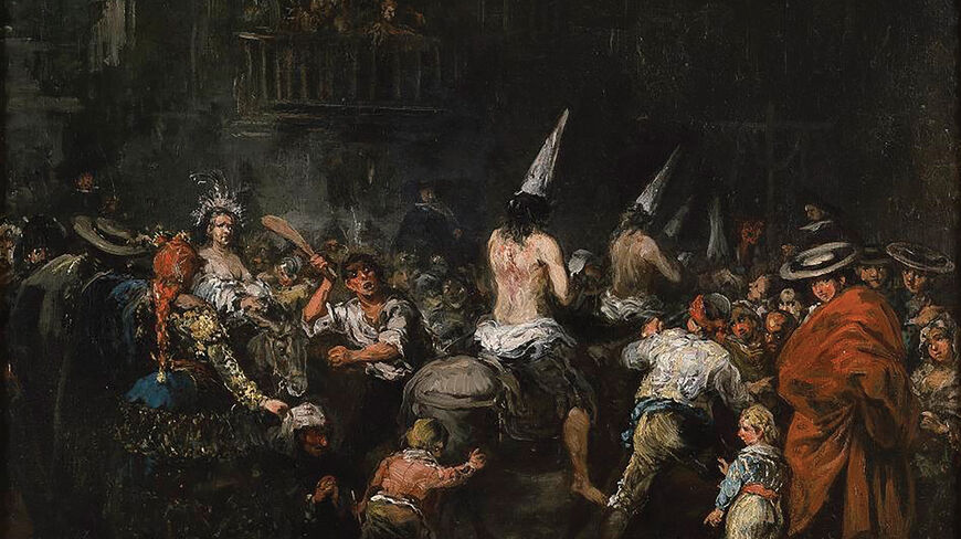 A dark oil painting titled Condemned by the Inquisition depicting shirtless prisoners in pointed hats being paraded on animals through a chaotic, crowded street.