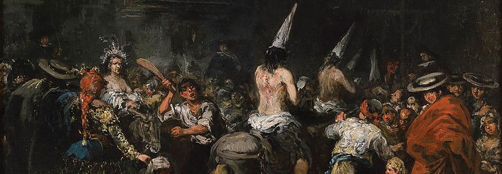 A dark oil painting titled Condemned by the Inquisition depicting shirtless prisoners in pointed hats being paraded on animals through a chaotic, crowded street.
