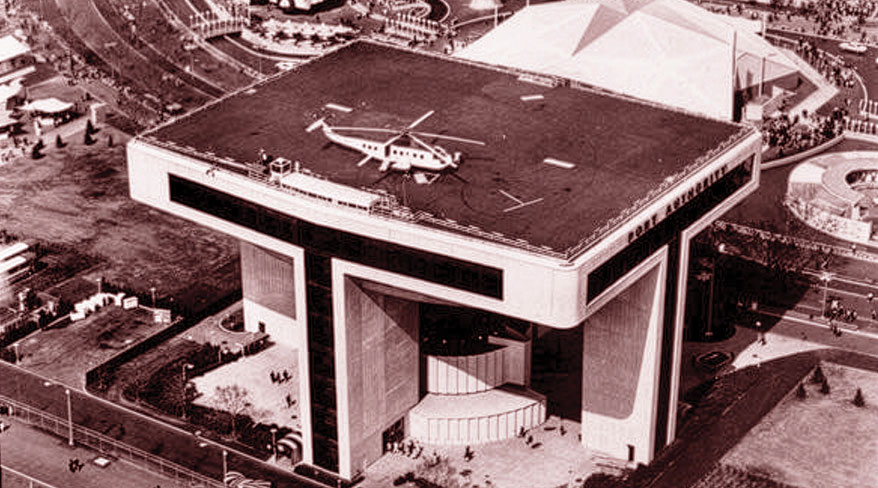 Vintage aerial view of the Port Authority Heliport featuring a helicopter on its rooftop platform at the 1964 New York World's Fair.