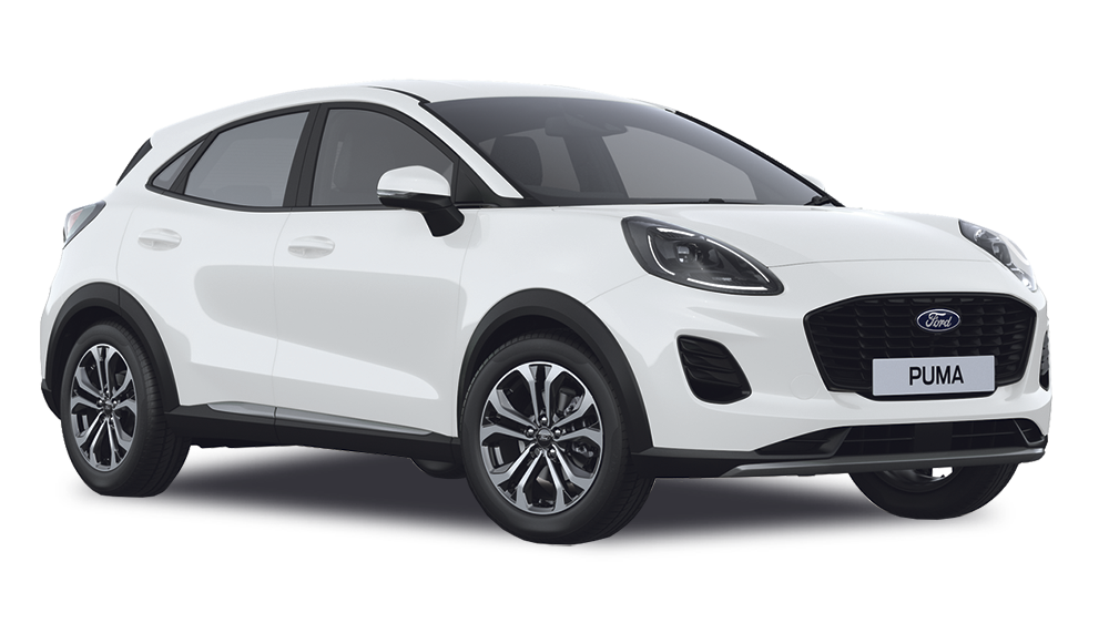 A silver Ford Puma compact SUV positioned on a modern concrete surface, with a minimalist building and cloudy sky behind it.