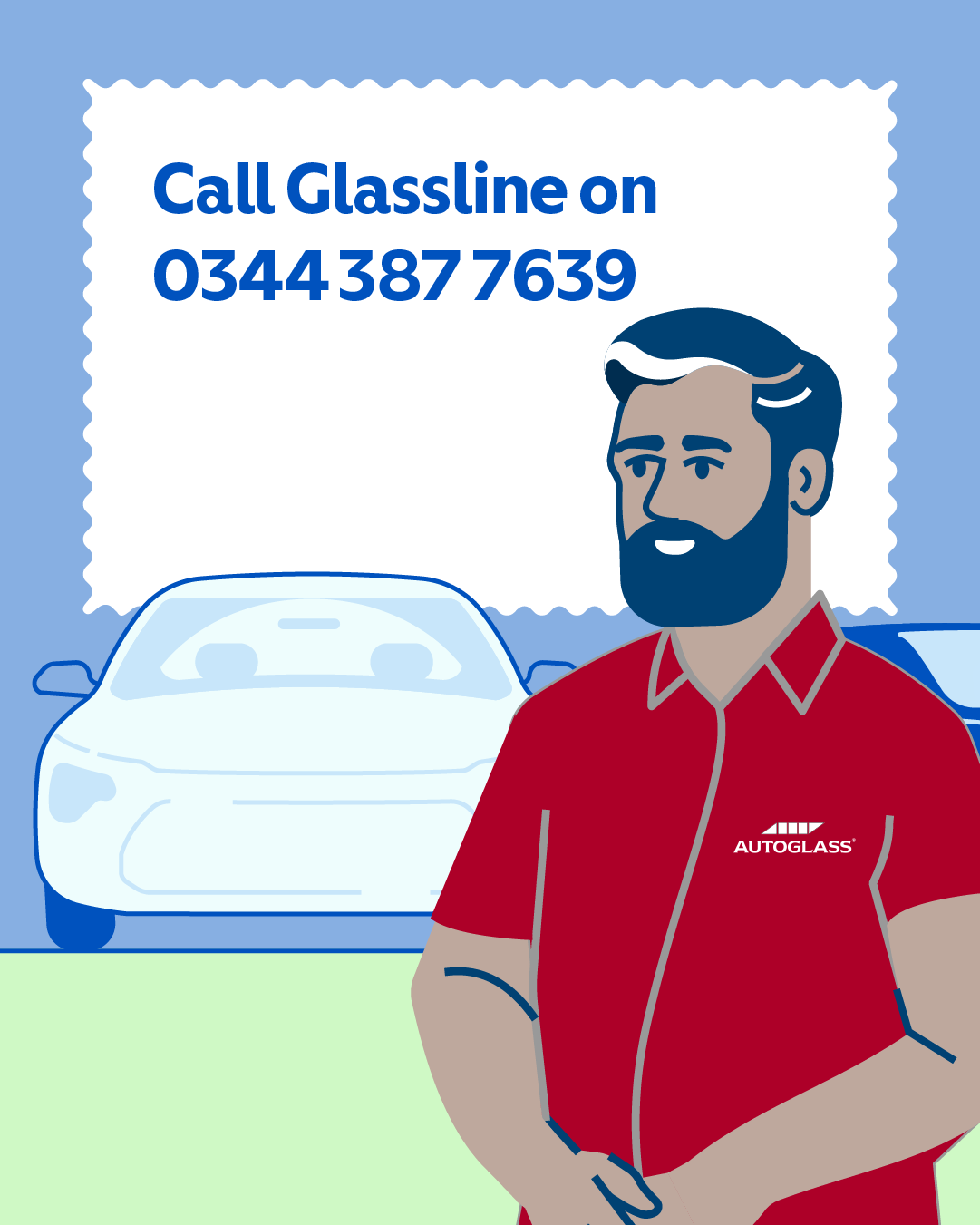 Glass repair technician standing beside parked cars. Text reads: “Call Glassline on 0344 387 7639.”