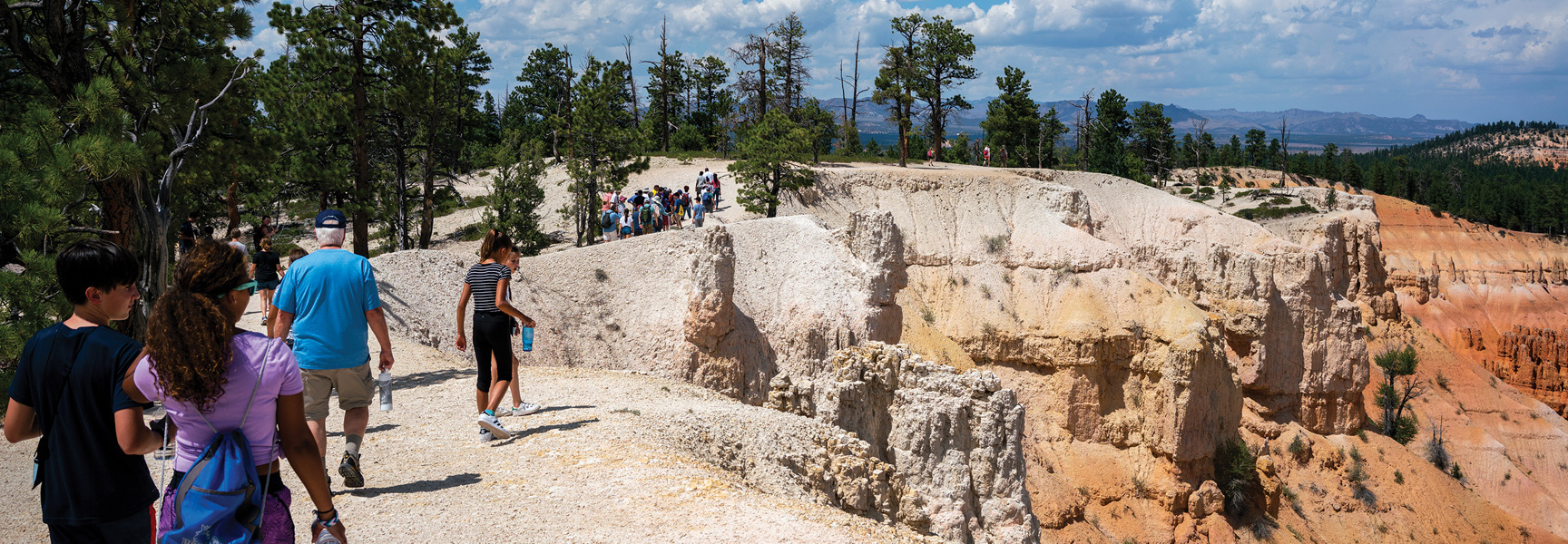 A multigenerational group of people hike along a scenic trail overlooking a vast canyon with unique rock formations in Utah.