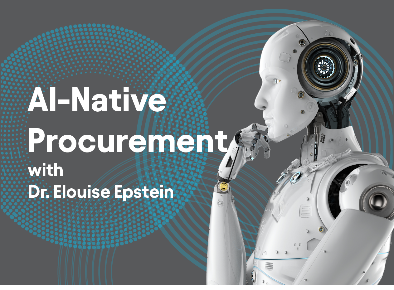 Banner with text 'AI-Native Procurement with Dr. Eloise Epstein' and image of a robot taking a pensive stance