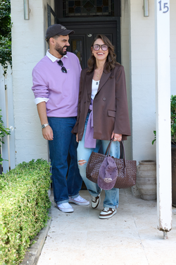 Autumn-inspired outfits in purple and brown tones styled with layered knits, blazers and denim.