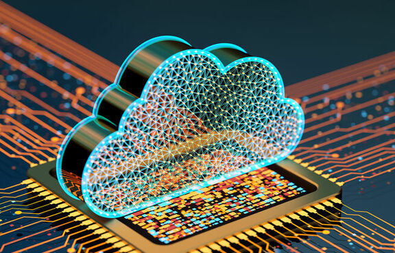 Digital art of a cloud above a computer chip