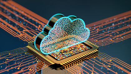 Digital art of a cloud above a computer chip