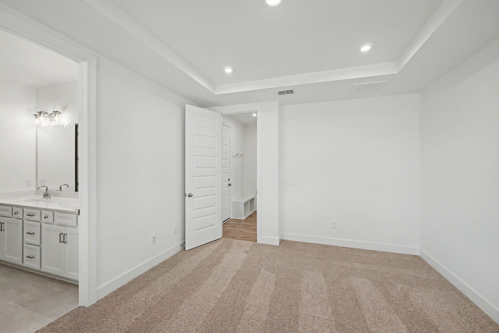 primary bedroom with carpet, large windows, and walk in closet
