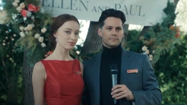 Dylan O’Brien and Phoebe Dynevor making a speech at party in Anniversary