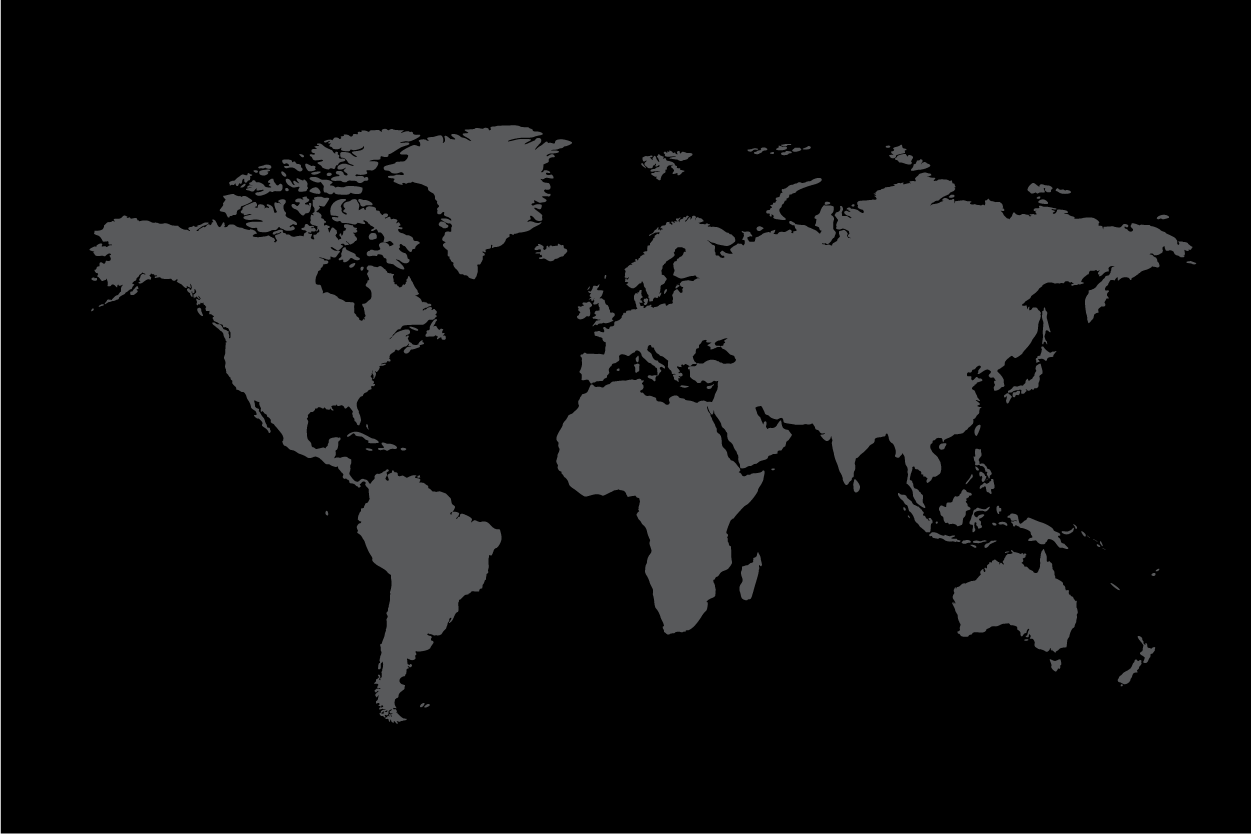 A minimalist world map in dark grey set against a solid black background. The map uses a standard Robinson or Miller-style projection, showing all major continents and larger island nations.