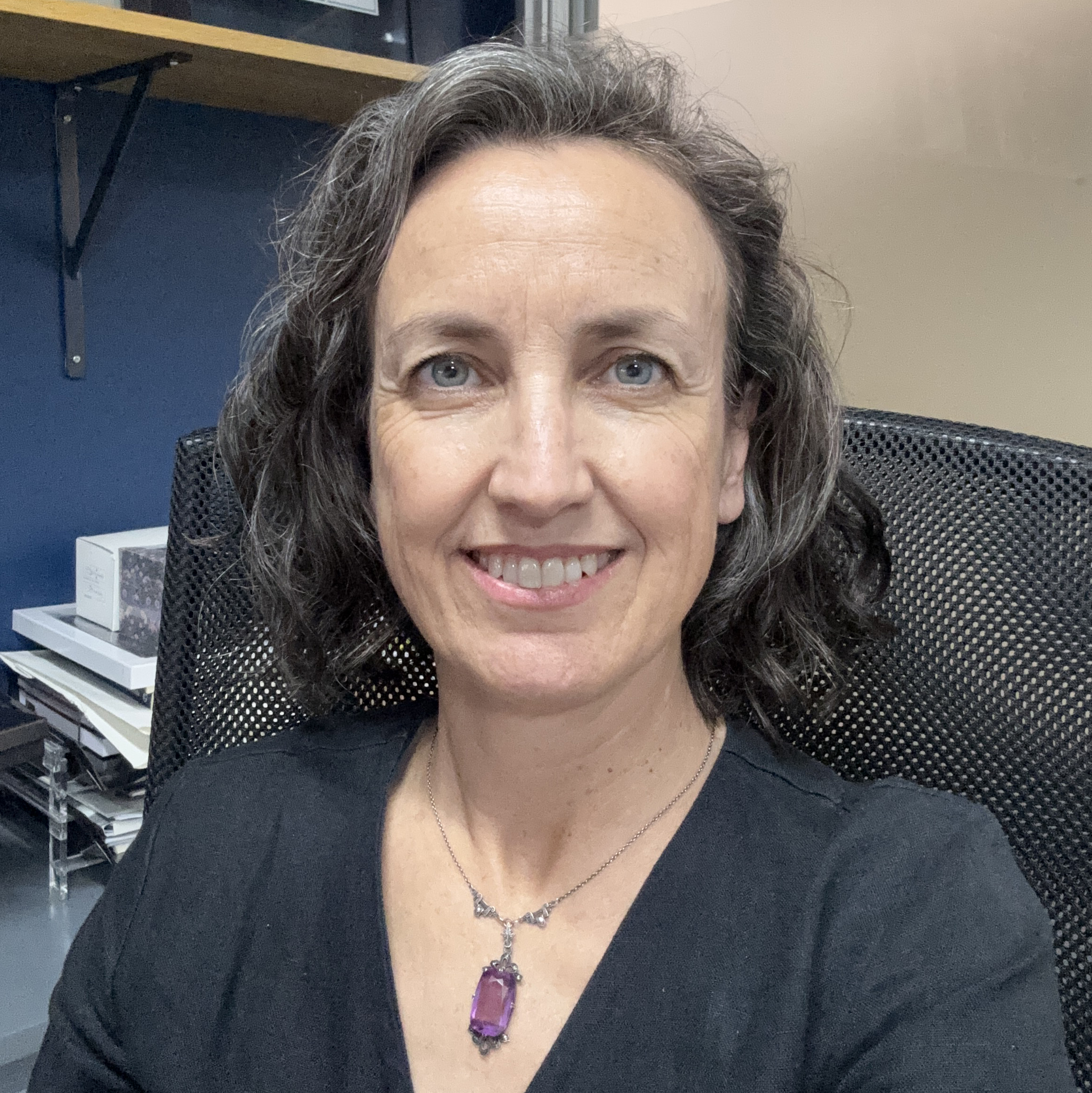 A portrait of a smiling woman with wavy, shoulder-length salt-and-pepper hair. She is wearing a black V-neck top and a silver necklace with a large purple pendant, seated in a black mesh office chair with shelves and a staircase in the background.