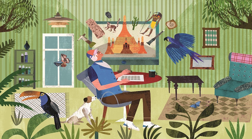 A graphic with iconic monuments and animals bursting forth from a computer monitor