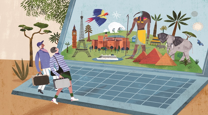 An illustration with two people walking into a scene on a laptop.