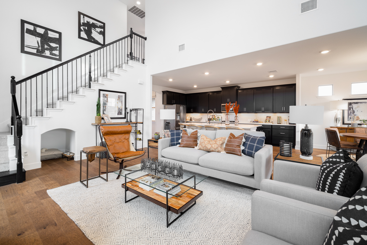 great room with two-story ceiling