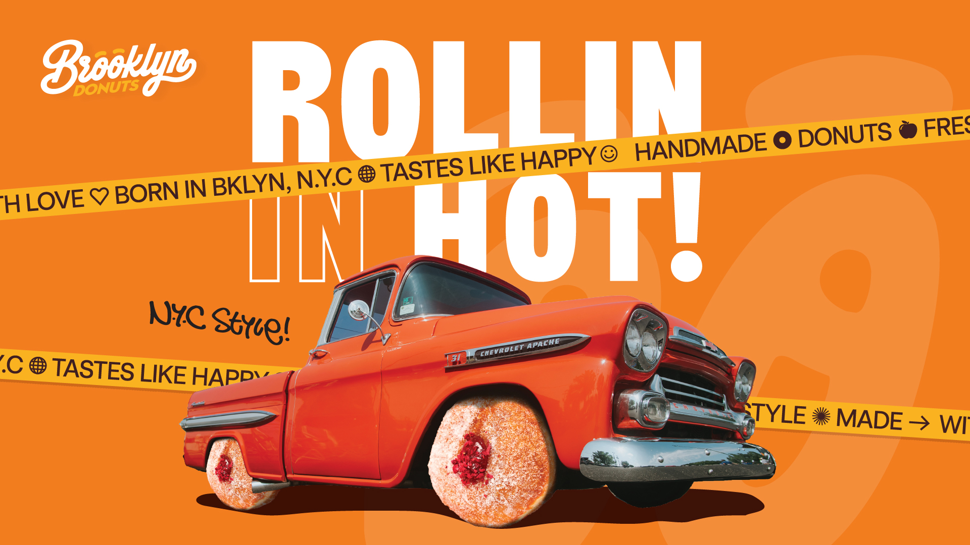 brooklyn donuts chevrolet truck with donut wheels and text 'rollin in hot'