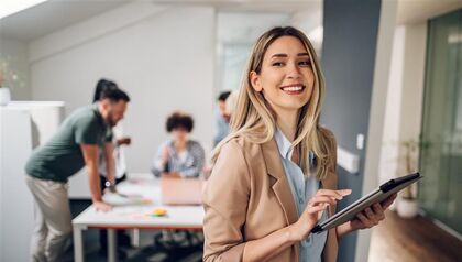Businesswoman Smiling Meeting Office Tablet
