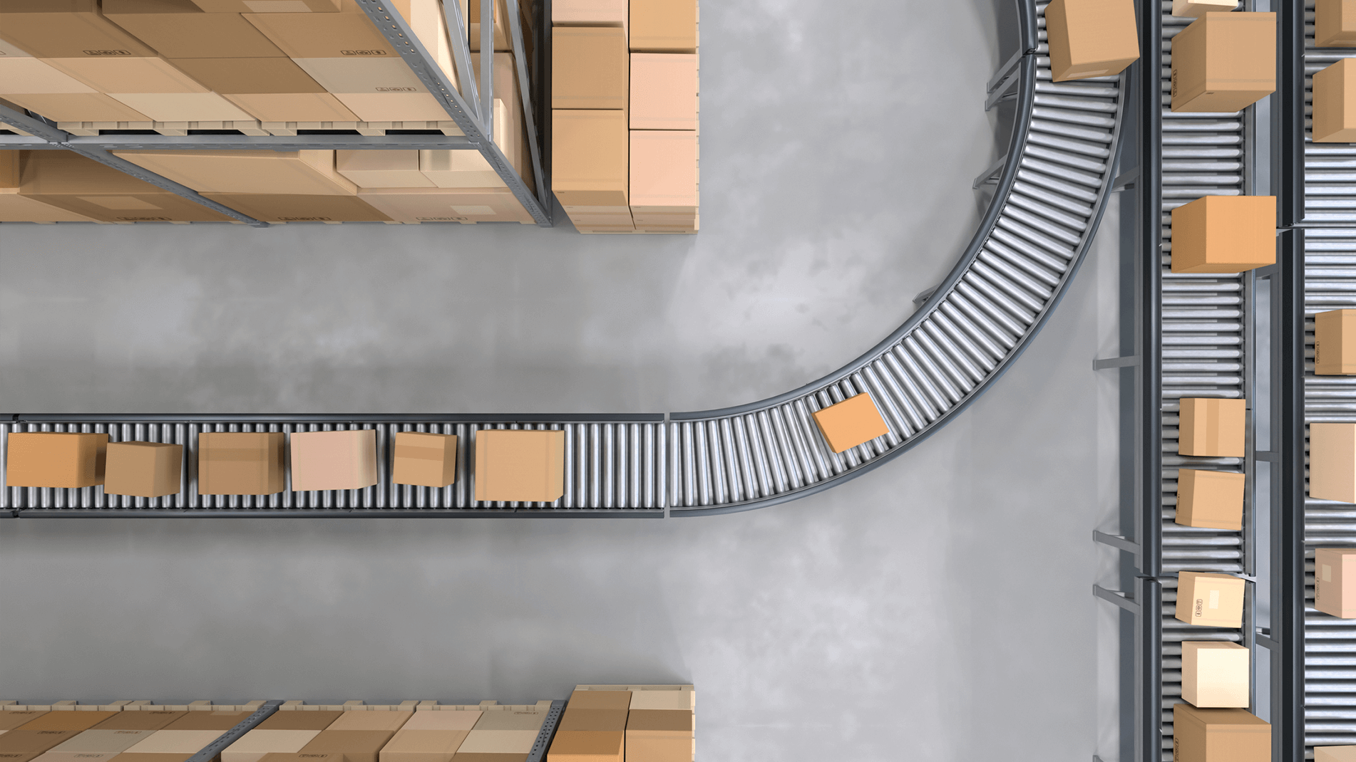 Images of boxes on a conveyor belt in a warehouse.
