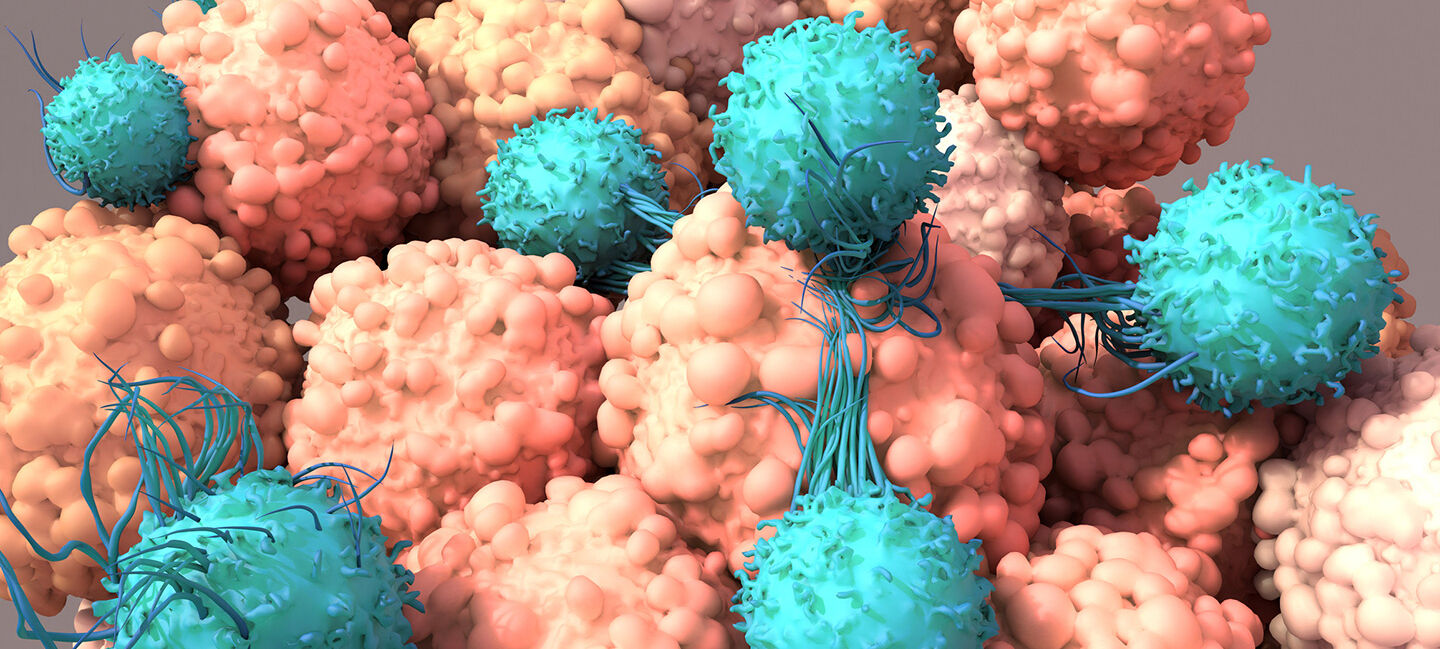graphic rendering of CAR T cell attacking cancer cell
