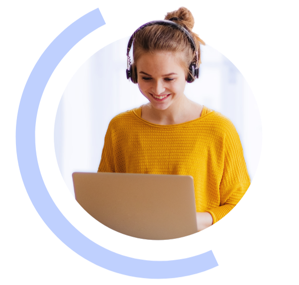 Smiling young woman with a headset is working on a laptop. Decorative circle in background