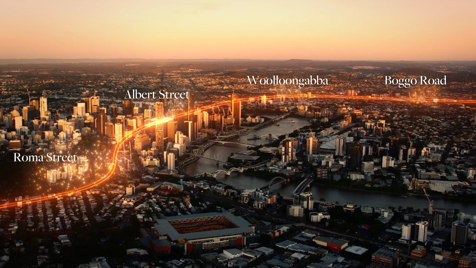 Artist impression of the new Cross River Rail Brisbane train line crossing paths with 101 Albert St
