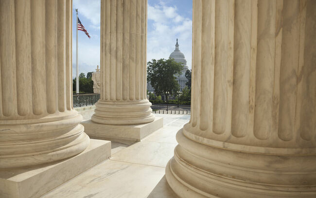 Close up view of roman columns of government building