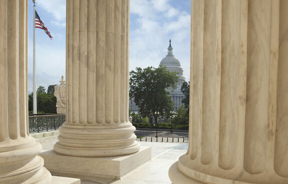 Close up view of roman columns of government building