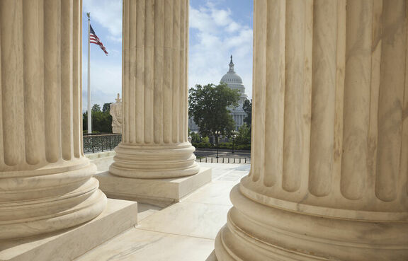 Close up view of roman columns of government building