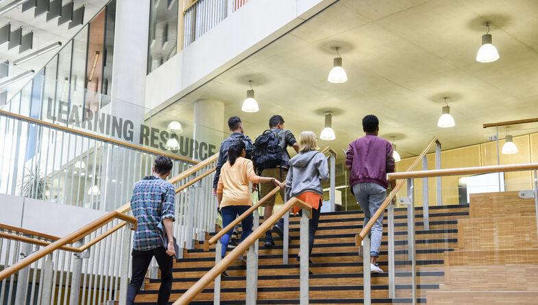 College students walking up university stairs