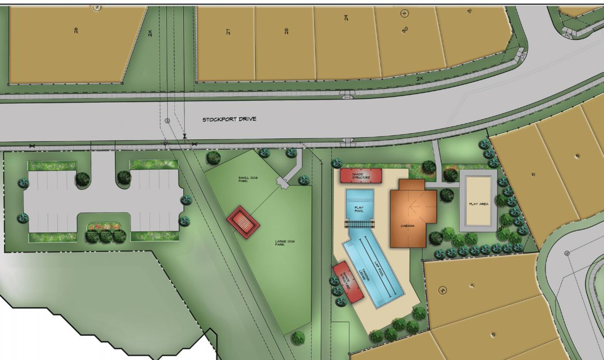 rendering of dog park, pool, and amenity center