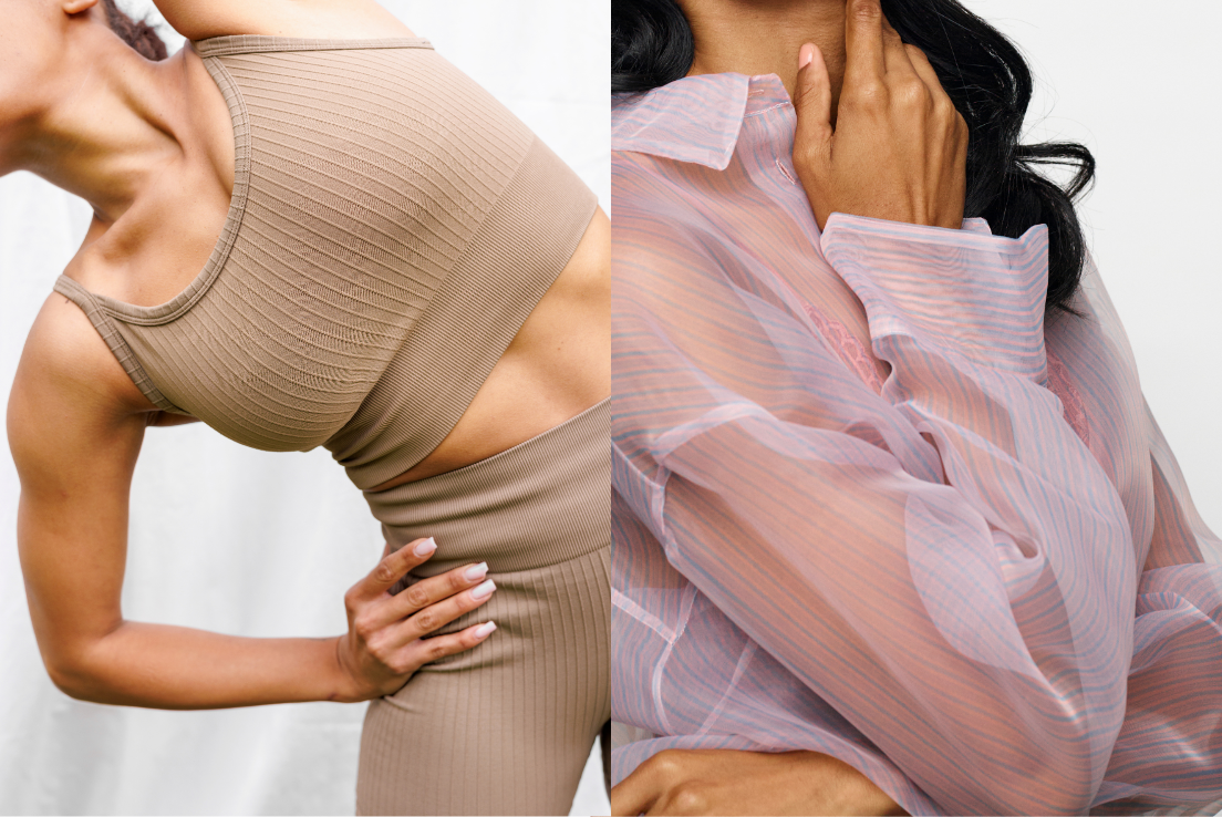 woman wearing activewear and woman wearing purple sheer long sleece