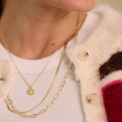 Necklaces layered over a white tank paired with Winter cardigan