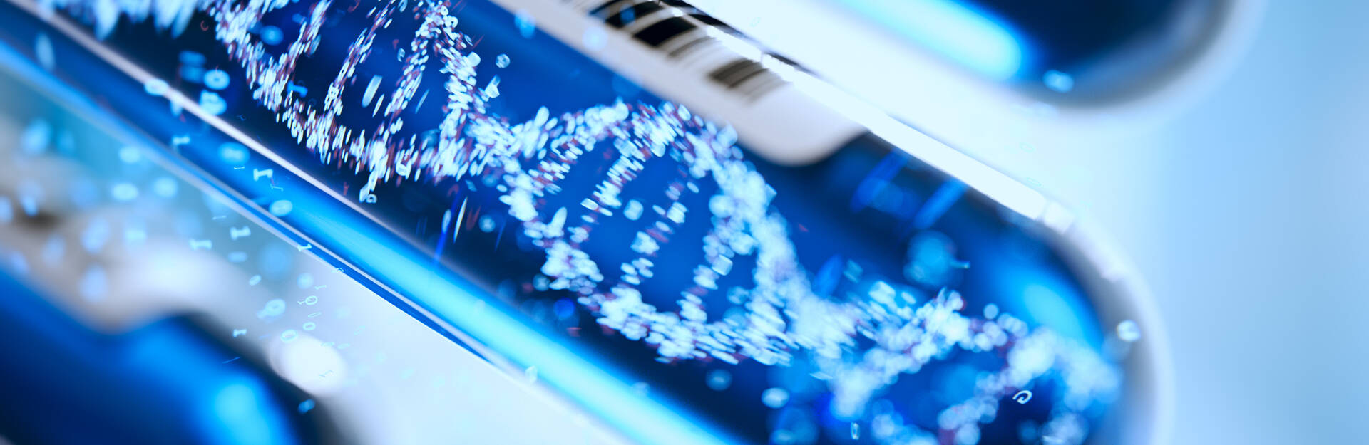 an close up of a test tube with liquid in it and a DNA double helix within
