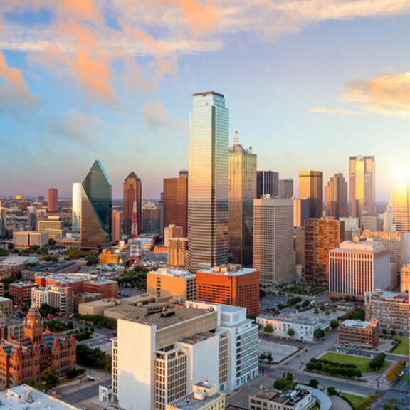 Ariel view of downtown Dallas, Texas at sunset