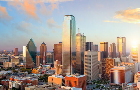 Ariel view of downtown Dallas, Texas at sunset