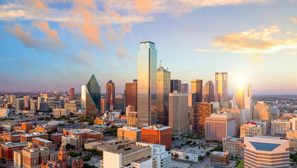Ariel view of downtown Dallas, Texas at sunset