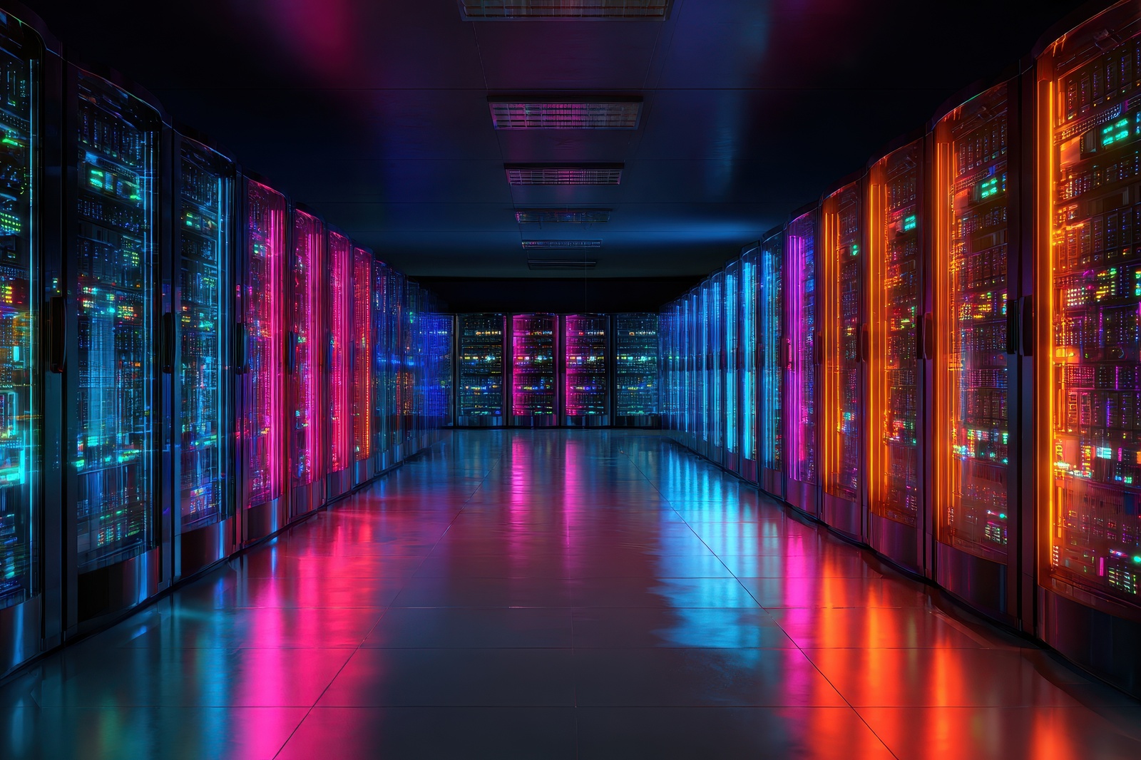 Server room with multi colored lights