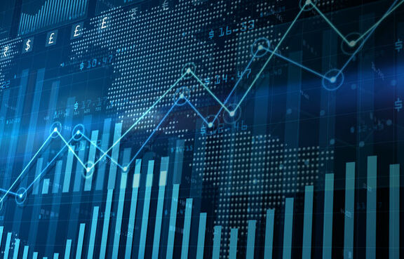 Digital overlay of bar and line graphs tracking stocks