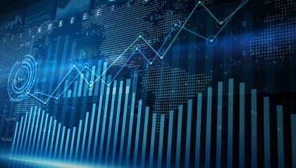 Digital overlay of bar and line graphs tracking stocks