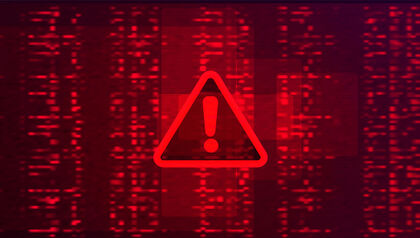Digital red warning sign in front of binary code
