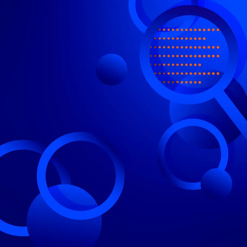 An abstract digital illustration with a dark blue background and various shades of blue gradient circles and rings. In the upper right corner, a large ring contains horizontal rows of small orange dots, resembling data or code.
