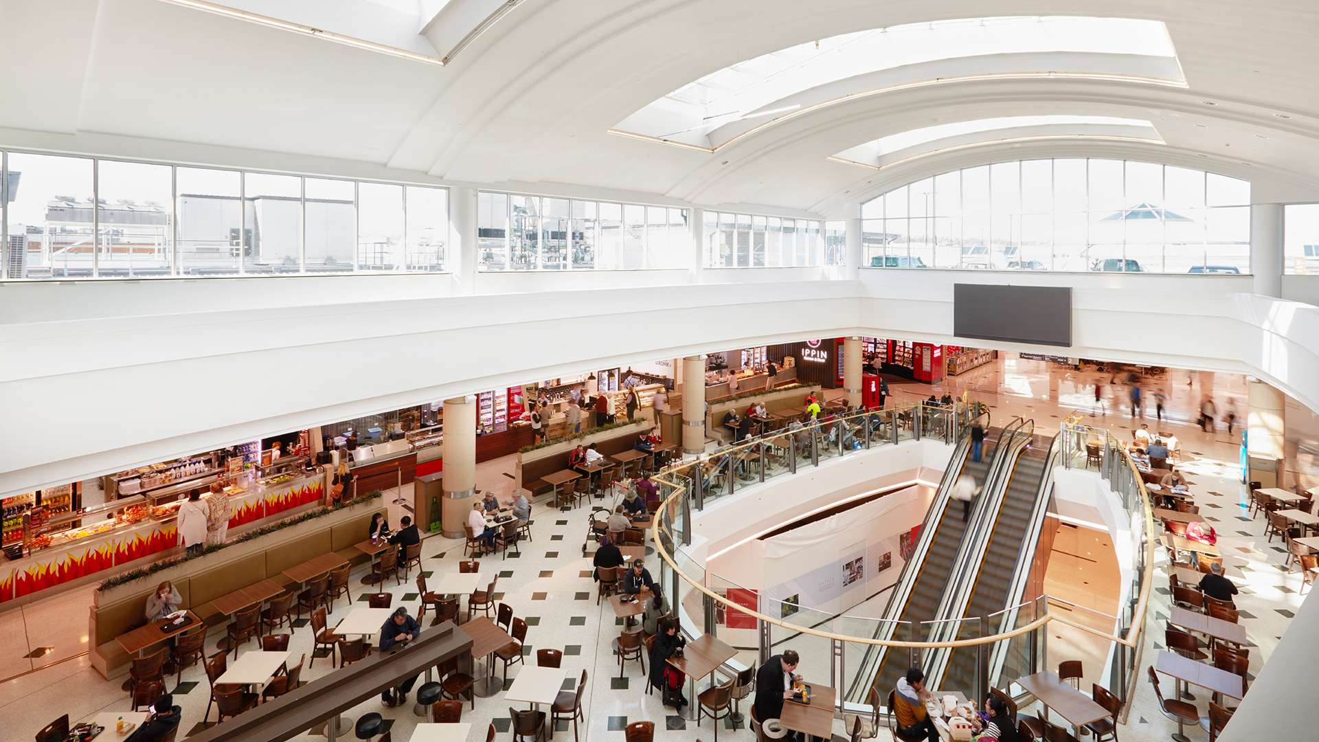 Birds eye view of food court in shopping centre