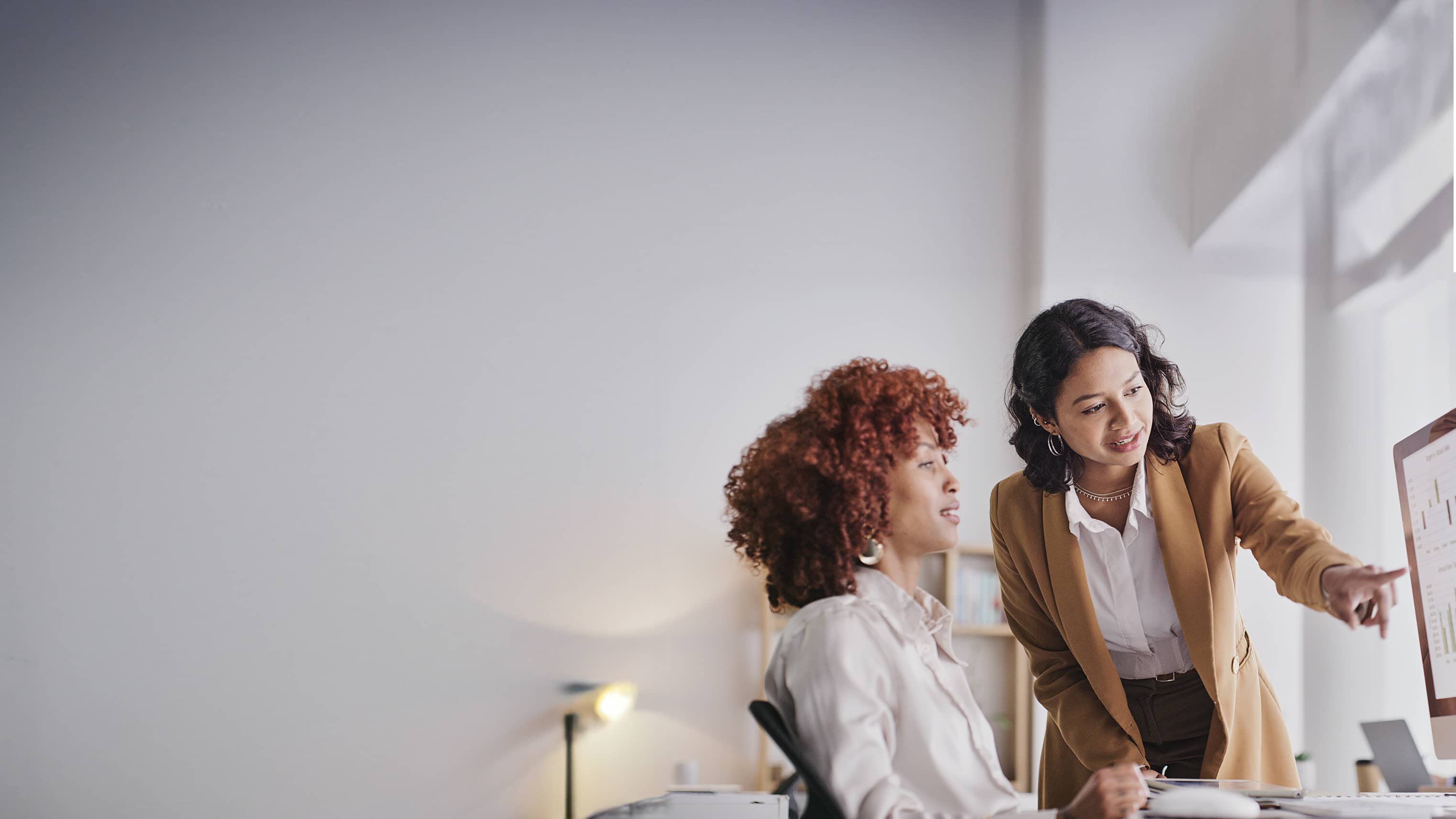 Two women looking at a computer screen.