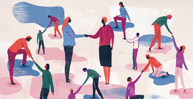 An illustration of people helping each other, with individuals of various skin tones and clothing colors reaching out and holding hands, representing support, teamwork, and community.