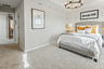 primary bedroom with carpet, chandelier, light walls, white trim