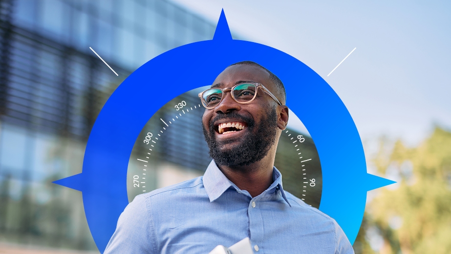 Smiling man in business outfit, graphic of a compass in the background
