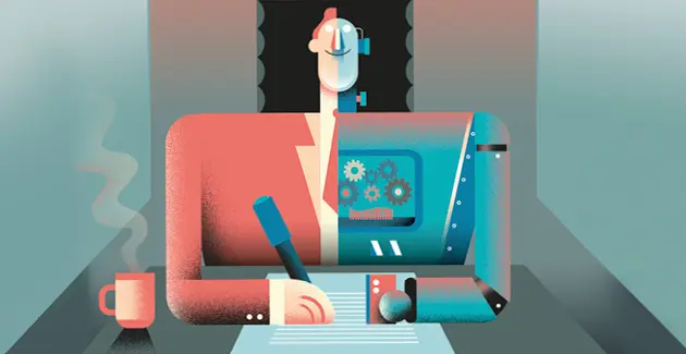 Human technology illustration showing a person and their inside being machinery as they write at a table